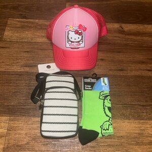 Hello Kitty Pink & Red Kids Cap/ Mini Crossbody Phone 2Pocket Purse/Sesame Sock